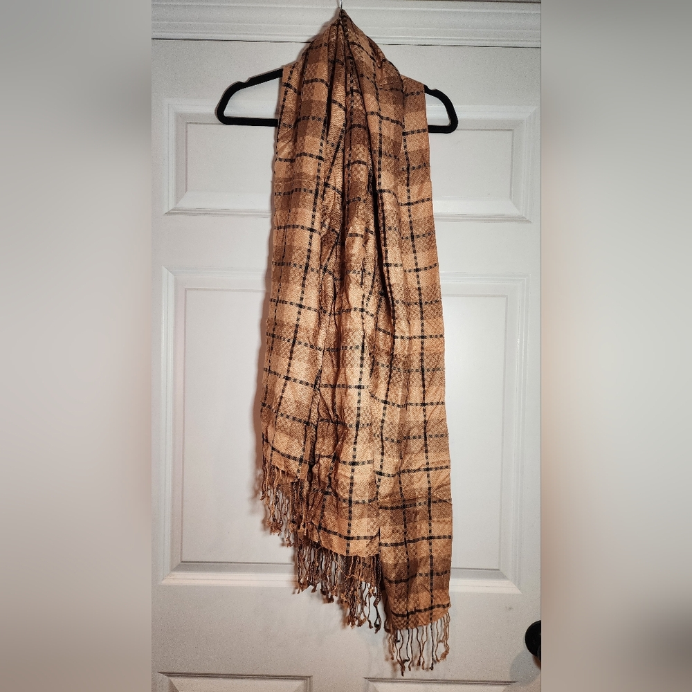 Tan And Black Plaid Fringe Scarf